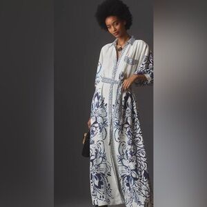 Anthropologie The Irene Linen Shirt Dress Button Front Belted Floral Blue